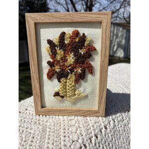 Vintage Hand Crewel Flowers in pot On Linen Wood Frame 8 X 6 Brown yellow 2